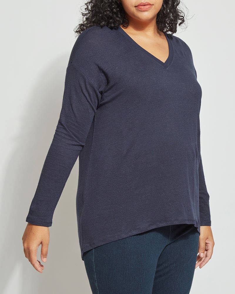 Front of a model wearing a size 1X Mya Long Sleeve Top in True Navy by Lysse New York. | dia_product_style_image_id:236232